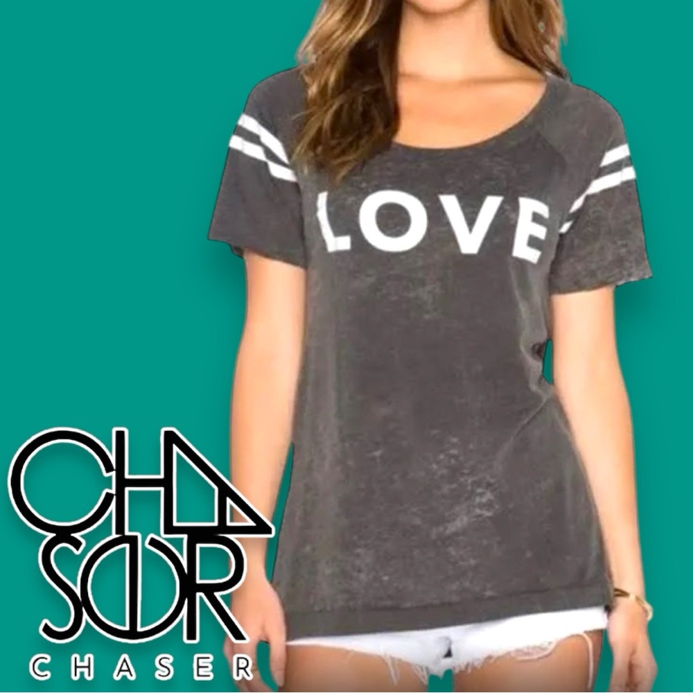 NWOT CHASER Cut Out Neck Raw Hem Metallic and Vintage Black Love TShirt. XS 🖤